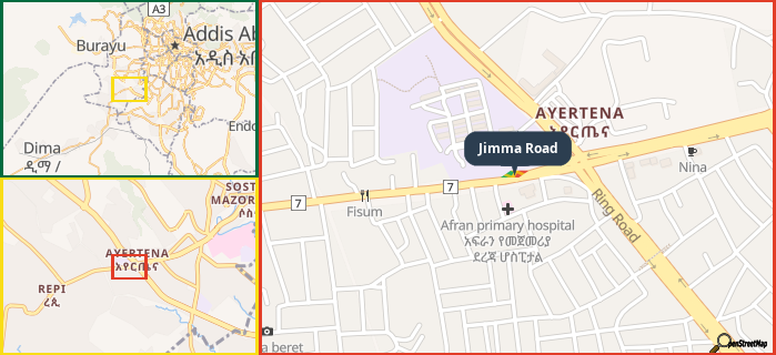 Map showing the address of Jimma Road in three different zoom levels.