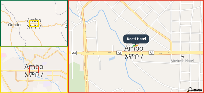 Map showing the address of Keeti Hotel in three different zoom levels.