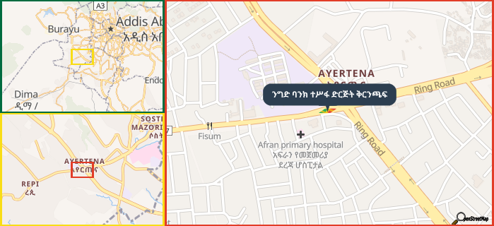 Map showing the address of ንግድ ባንክ ተሥፋ ድርጅት ቅርንጫፍ in three different zoom levels.