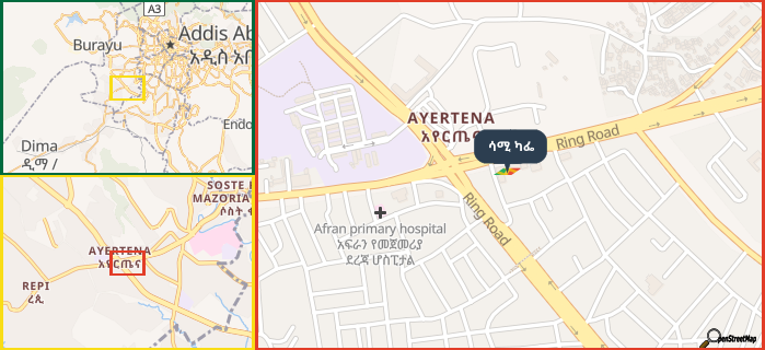 Map showing the address of ሳሚ ካፌ in three different zoom levels.