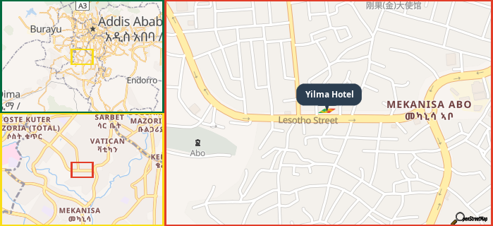 Map showing the address of Yilma Hotel in three different zoom levels.