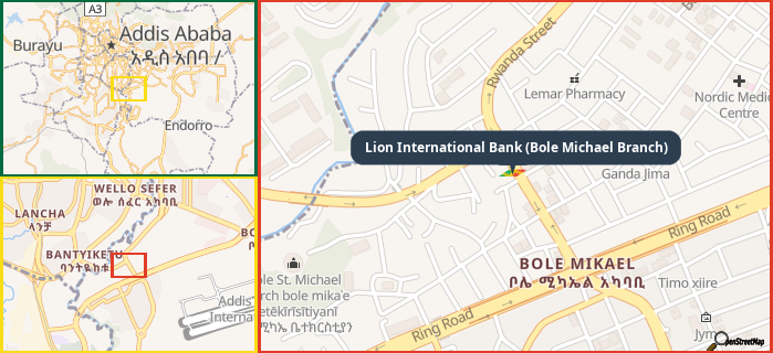 Map showing the address of Lion International Bank (Bole Michael Branch) in three different zoom levels.