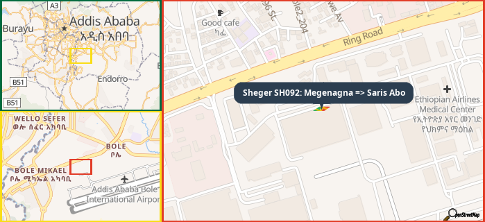 Map showing the address of Sheger SH092: Megenagna => Saris Abo in three different zoom levels.