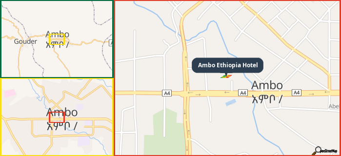 Map showing the address of Ambo Ethiopia Hotel in three different zoom levels.