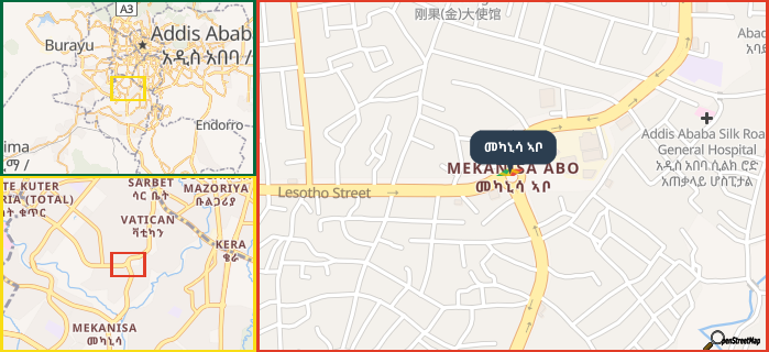 Map showing the address of መካኒሳ ኣቦ in three different zoom levels.