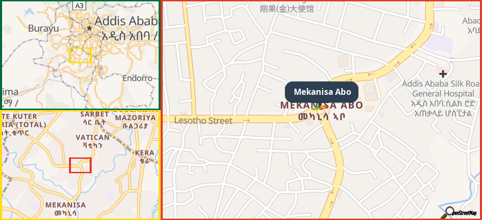 Map showing the address of Mekanisa Abo in three different zoom levels.