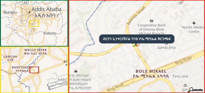Map showing the address of ብርሃን ኢንተርናሽናል ባንክ ቦሌ ሚካኤል ቅርንጫፍ in three different zoom levels.