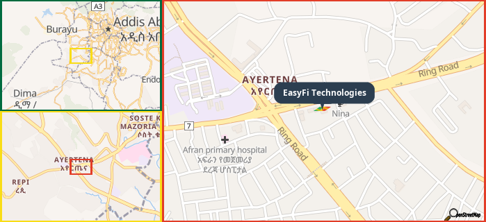 Map showing the address of EasyFi Technologies in three different zoom levels.