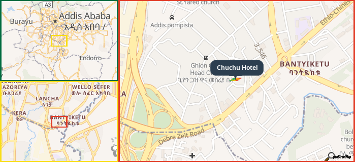 Map showing the address of Chuchu Hotel in three different zoom levels.