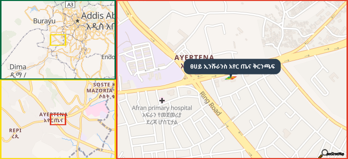 Map showing the address of ፀሀይ ኢንሹራንስ አየር ጤና ቅርንጫፍ in three different zoom levels.
