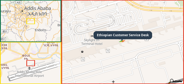 Map showing the address of Ethiopian Customer Service Desk in three different zoom levels.