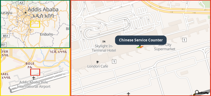 Map showing the address of Chinese Service Counter in three different zoom levels.
