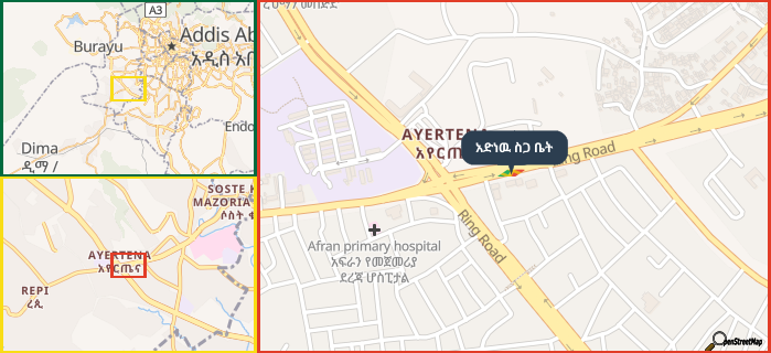 Map showing the address of አድነዉ ስጋ ቤት in three different zoom levels.