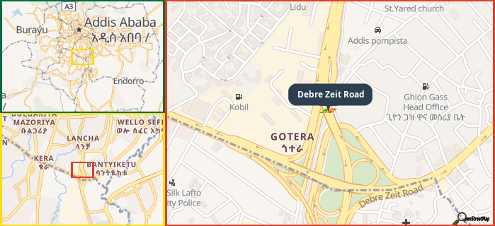 Map showing the address of Debre Zeit Road in three different zoom levels.