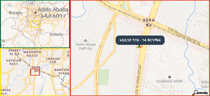 Map showing the address of አቢሲንያ ባንክ - ጎፋ ቅርንጫፍ in three different zoom levels.