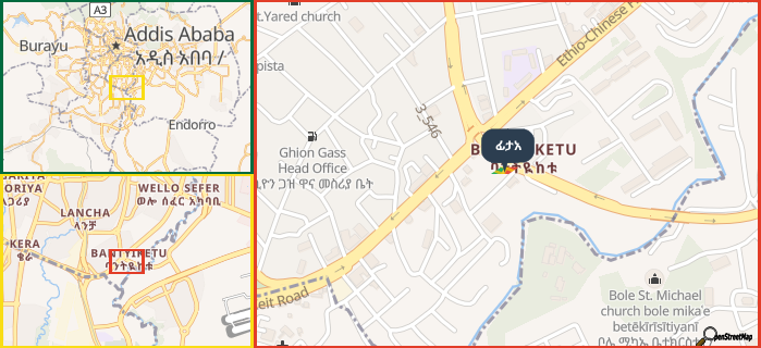Map showing the address of ፊታአ in three different zoom levels.
