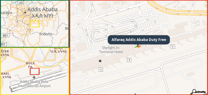Map showing the address of Alfaraq Addis Ababa Duty Free in three different zoom levels.