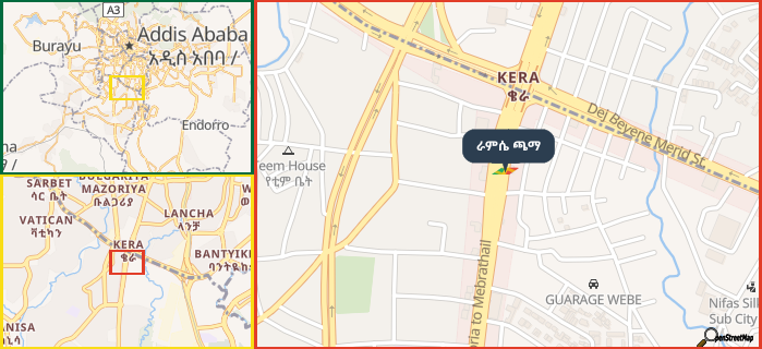 Map showing the address of ራምሴ ጫማ in three different zoom levels.