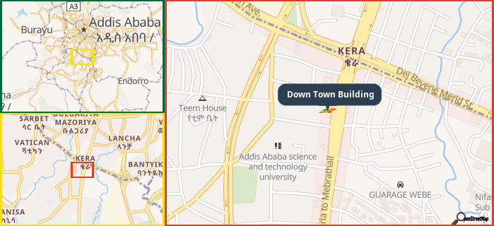 Map showing the address of Down Town Building in three different zoom levels.