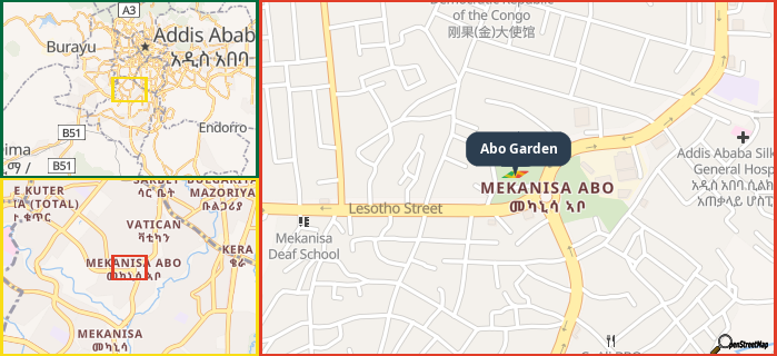Map showing the address of Abo Garden in three different zoom levels.