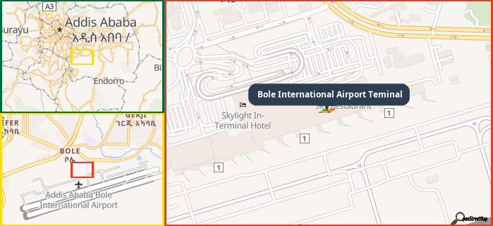 Map showing the address of Bole International Airport Teminal in three different zoom levels.