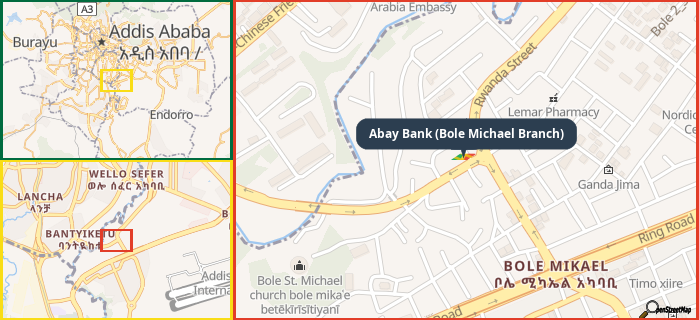 Map showing the address of Abay Bank (Bole Michael Branch) in three different zoom levels.