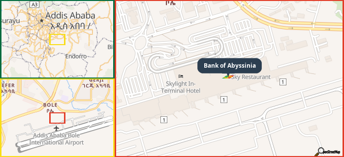 Map showing the address of Bank of Abyssinia in three different zoom levels.