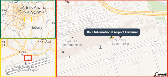 Map showing the address of Bole International Airport Terminal in three different zoom levels.