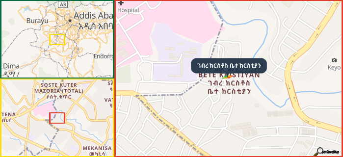 Map showing the address of ገብረ ክርስቶስ ቤተ ክርስቲያን in three different zoom levels.
