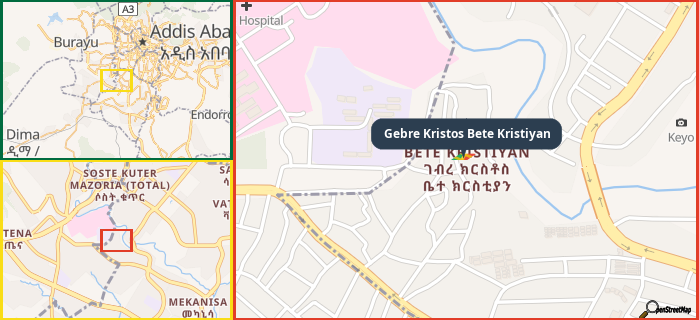 Map showing the address of Gebre Kristos Bete Kristiyan in three different zoom levels.