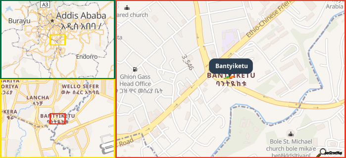 Map showing the address of Bantyiketu in three different zoom levels.