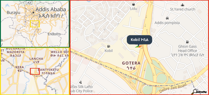 Map showing the address of Kobil ኮቢል in three different zoom levels.