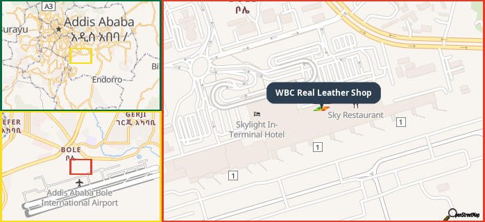 Map showing the address of WBC Real Leather Shop in three different zoom levels.