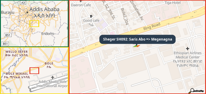 Map showing the address of Sheger SH092: Saris Abo => Megenagna in three different zoom levels.