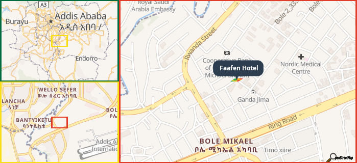 Map showing the address of Faafen Hotel in three different zoom levels.