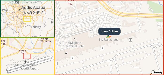 Map showing the address of Haro Coffee in three different zoom levels.