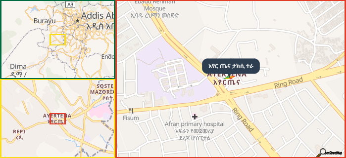 Map showing the address of አየር ጤና ታክሲ ተራ in three different zoom levels.