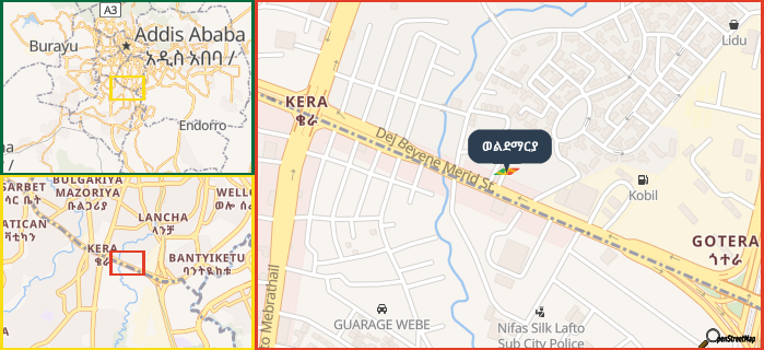 Map showing the address of ወልደማርያ in three different zoom levels.
