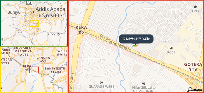 Map showing the address of ወልደማርያም ጋራዥ in three different zoom levels.