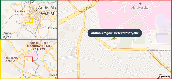 Map showing the address of Abuno Aregawi Betekeresetyane in three different zoom levels.