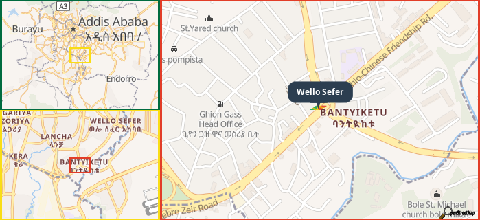 Map showing the address of Wello Sefer in three different zoom levels.