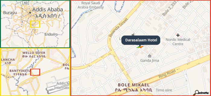 Map showing the address of Darasalaam Hotel in three different zoom levels.