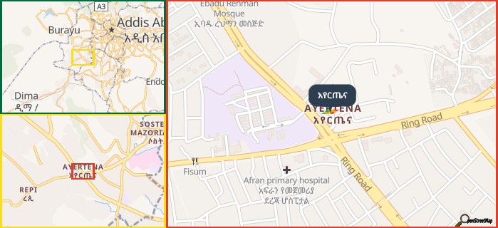 Map showing the address of አየርጤና in three different zoom levels.
