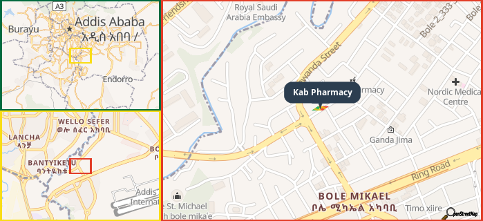 Map showing the address of Kab Pharmacy in three different zoom levels.