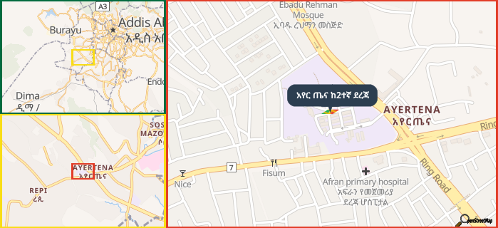 Map showing the address of አየር ጤና ከ2ተኛ ደረጃ in three different zoom levels.