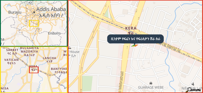 Map showing the address of ቢንያም የፍሬን እና የፍሪሲዮን ሸራ ስራ in three different zoom levels.