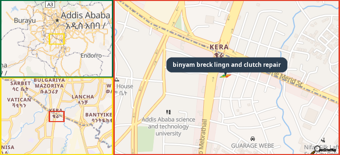 Map showing the address of binyam breck lingn and clutch repair in three different zoom levels.