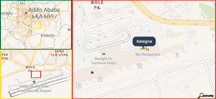 Map showing the address of Kategna in three different zoom levels.