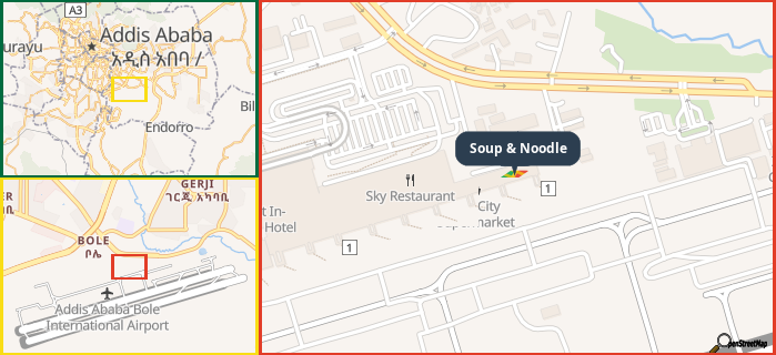 Map showing the address of Soup & Noodle in three different zoom levels.