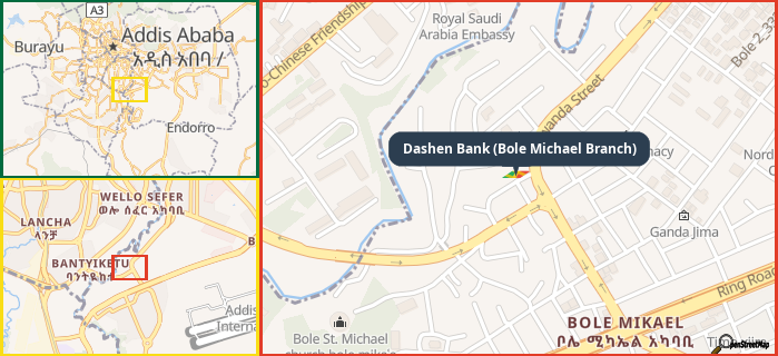 Map showing the address of Dashen Bank (Bole Michael Branch) in three different zoom levels.